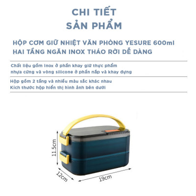 Hộp cơm giữ nhiệt văn phòng YESURE 1200ml Hai Tầng có ngăn Inox Tháo rời dễ dàng cho vào lò Vi Sóng - Hàng chính hãng