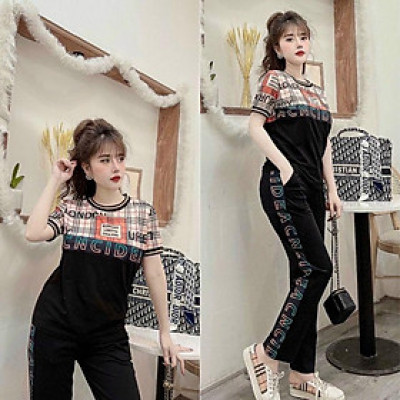 Bộ đồ nữ phối họa tiết sọc thêu chữ thời trang siêu xinh