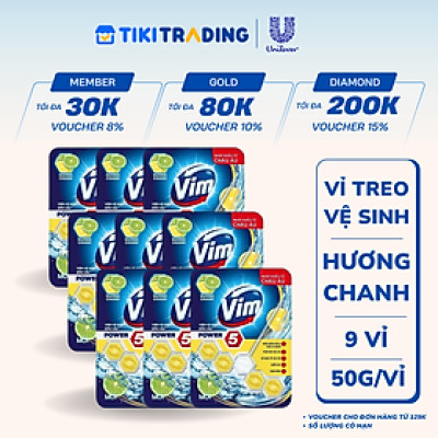 Combo 9 Vỉ Treo Tẩy Bồn Cầu Vim Power 5 Hương Chanh Sạch Khuẩn Thơm Mát 50G/Viên