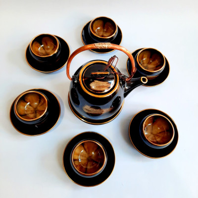 Bộ ấm chén Bát Tràng cao cấp “hoa trong lòng gốm” men hoả biến hổ phách viền vàng 24k