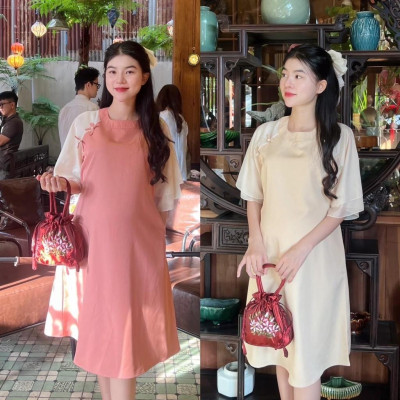 Đầm bầu thiết kế kiểu Áo dài cách tân Chất Cotton Lạnh đính nơ xinh xắn, thanh lịch