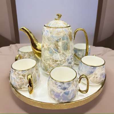Bộ ấm chén, bình trà cao cấp men vân đá viền mạ vàng 24k đế xoay 360d