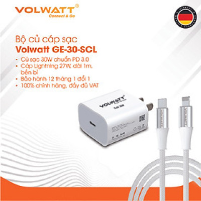 Bộ củ cáp sạc siêu nhanh Volwatt GE-30-SCL 30W GaN hàng chính hãng | Adapter PD Type-C + Cáp Type-C to L 1m, BH 12 tháng