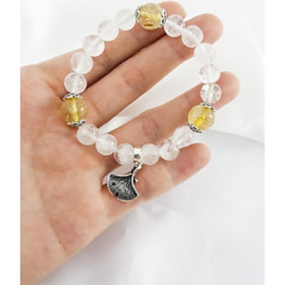 Vòng tay mệnh kim, thủy đá thạch anh ưu linh trắng mix đá thạch anh tóc vàng