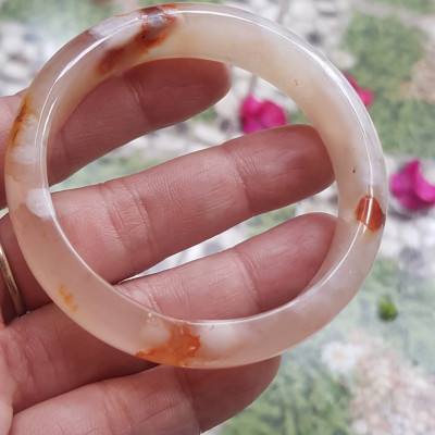 Vòng tay Nữ Bản Hẹ Đá Mã Não Bông Vàng trắng đều đẹp Vòng Ni 52mm x cao 13,5mm x dầy 4mm Nữ 50kg - 52kg đeo xinh đẹp ạ