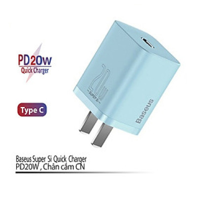 Cốc sạc 20W Baseus Super Si chân dẹt 1 cổng Type-C thiết kế nhỏ gọn - Hàng chính hãng