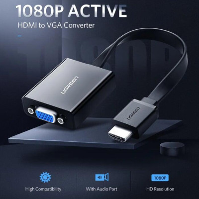 Ugreen UG40248MM103TK Màu Đen Bộ chuyển HDMI sang VGA dây dẹp kèm cổng âm thanh - HÀNG CHÍNH HÃNG