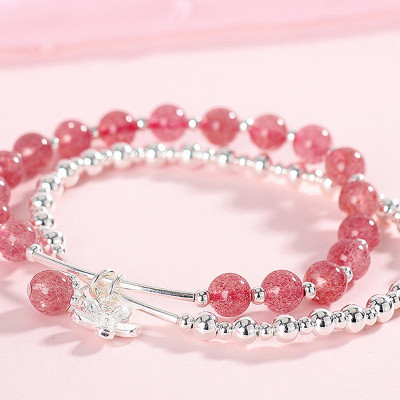 Vòng tay 2 line đá thạch anh dâu phối charm hoa bạc mệnh hỏa, thổ - Ngọc Quý Gemstones