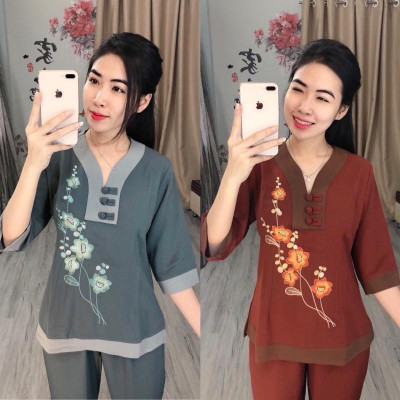Đồ Lam Đi Chùa # Cổ Y Thêu Hoa SaLa# Đồ Bộ # Quần Áo Nữ# Vải Mát