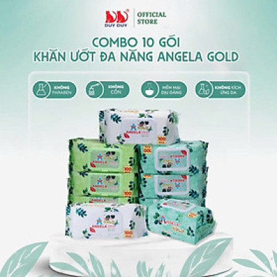 Combo 10 Gói  Khăn ướt đa năng cho bé Baby Angela Gold vải không dệt rayon cao cấp 100 miếng (18x20cm)