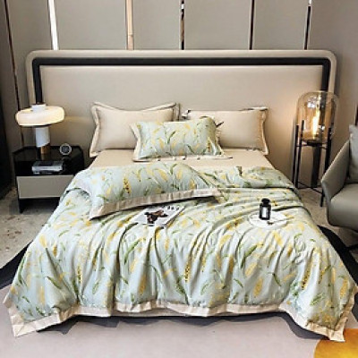 Bộ Chăn Ga Gối Lụa Thái 4 Món ( 1 ga + 2 vỏ gối đầu + 1 chăn chần bông, tặng kèm 1 vỏ gối ôm ) Mềm mịn mát lạnh như kem