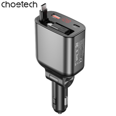 Tẩu sạc ô tô đa năng 105W Choetech TC0033 tích hợp cáp sạc rút Type C và đầu nối iP - Hàng chính hãng