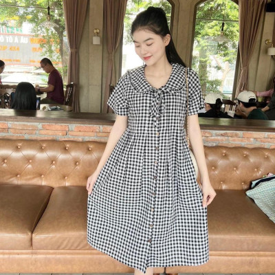 Đầm bầu karo cổ bèo thắt nơ dáng suông dễ thương, trẻ trung, năng động Nữ Women