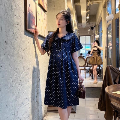 Đầm bầu chấm bi cổ sen phối nút dáng suông cho mẹ mang bầu và sau sinh Váy Bầu Dễ Thương