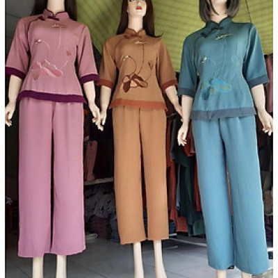 Đồ Lam Đi Chùa # Sẫm 2Nút Phối Vải Đũi Cao Cấp # Quần Áo Nữ # Đồ Bộ Nữ