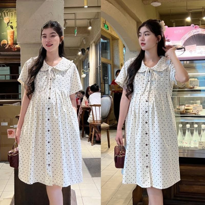 Đầm bầu chấm bi cổ sen phối nút dáng suông cho mẹ mang bầu và sau sinh Váy Bầu Dễ Thương