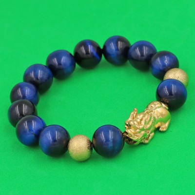 Vòng đeo tay Đá Mắt Hổ Xanh Đen 12 ly - cẩn Tỳ Hưu Phong Thủy inox vàng VMHXETHHBV12 - hợp mệnh Mộc, mệnh Thủy