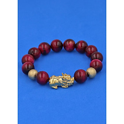 Vòng đeo tay Đá Mắt Hổ Đỏ 12 ly - cẩn Tỳ Hưu Phong Thủy inox vàng VMHOTHHBV12 - hợp mệnh Hỏa, mệnh Thổ