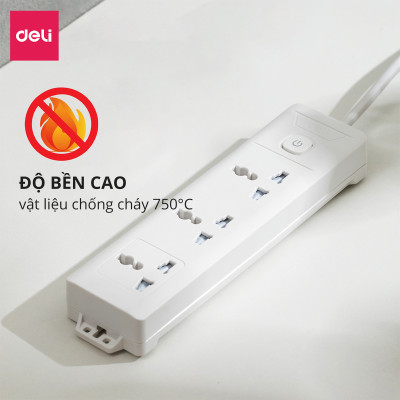 Ổ Cắm Điện Đa Năng Kèm Cổng USB Có Công Tắc Tải 2500W Nắp Chống Giật Chống Cháy Chất Lượng Cao Deli - Dây 2M/3M/5M - ET401 411