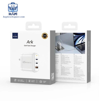 Củ sạc nhanh GaN hàng chính hãng WiWU ARK 65W (2C1A) Wi-U024: Chân gập US, sạc laptop, điện thoại