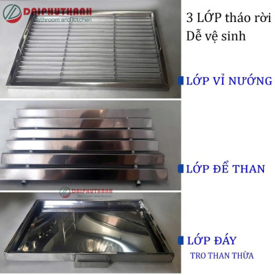 Bếp Nướng Lò Nướng Than Inox 50x35cm - Chiều cao 29cm, 3 lớp tháo rời dễ vệ sinh