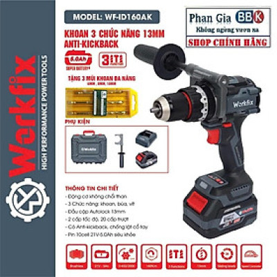 Máy khoan pin 13mm Workfix WF-ID160AK lực siết 160Nm, Không Chổi Than, Chống lật cổ tay-Bảo hành chính hãƞg.