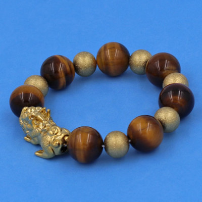 Vòng tay Tỳ Hưu inox mix Đá Mắt Hổ Vàng Đen size 16 ly phối 6 bi - hợp mệnh Thổ, mệnh Kim - Vòng size XXL