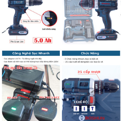 MÁY KHOAN PIN BẮT VÍT BOSHUN 72V CÓ BÚA - 3 CHỨC NĂNG - MOTOR 100% DÂY ĐỒNG - BẢO HÀNH 12 THÁNG