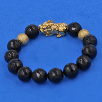 Vòng tay Thạch Anh Đen Cắt Giác 12 ly - cẩn Tỳ Hưu Phong Thủy inox vàng VTAEGTHHBV12 - hợp mệnh Mộc, mệnh Thủy