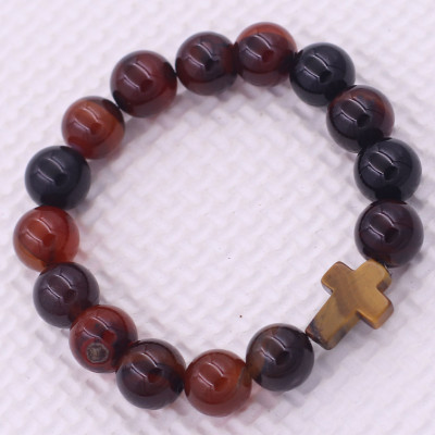 Vòng tay chuỗi hạt Đá Thạch anh Nâu kèm charm Thánh giá Đá Mắt hổ - Chuỗi tay phong thủy Size 8/10/12/14mm - Đem lại Bình an, may mắn