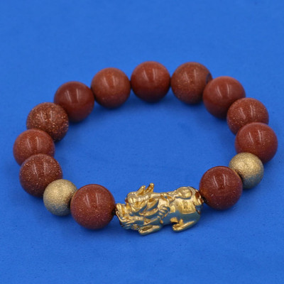 Chuỗi đeo tay Đá Kim Sa 12 ly - cẩn Tỳ Hưu Phong Thủy inox vàng VKSTHHBV12 - hợp mệnh Thổ, mệnh Mộc