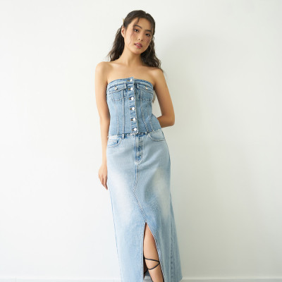 DOTTIE - Áo ống vải jeans đắp túi - T0708