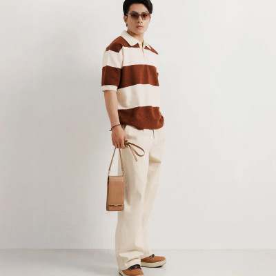 Áo polo dệt kim tay ngắn nam kẻ sọc. Loose - ROUTINE 10F25KNI008