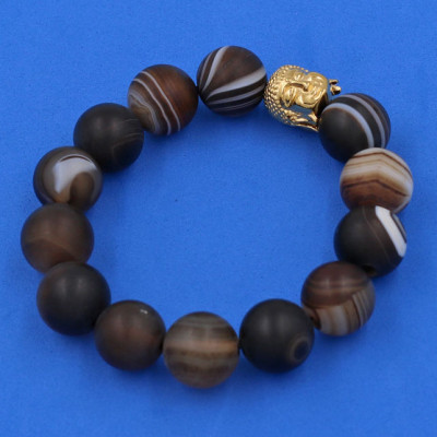 Vòng đeo tay mã não nâu sọc mờ 14 ly cẩn hạt Phật A Di Đà inox vàng VMNNSMNLV14 - hợp mệnh Kim, mệnh Thổ