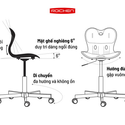 [Ghế Roichen WOW Minh Ngọc] Ghế chỉnh dáng ngồi đúng có chân xoay Roichen - WOW Hàn Quốc. Ghế xám chân trắng