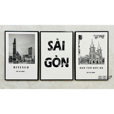 (ẢNH CHỤP THẬT) TRANH TREO TƯỜNG SÀI GÒN TRẮNG ĐEN KÈM ĐINH 3 CHÂN DỄ TREO
