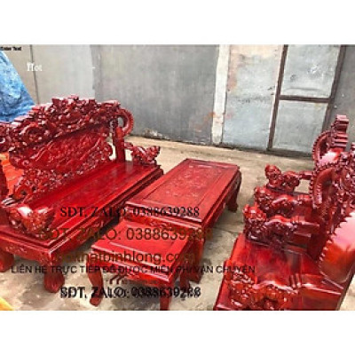 Bàn ghế phòng khách rồng khuỳnh nghê đỉnh gỗ xà cừ tay 12 bàn đục