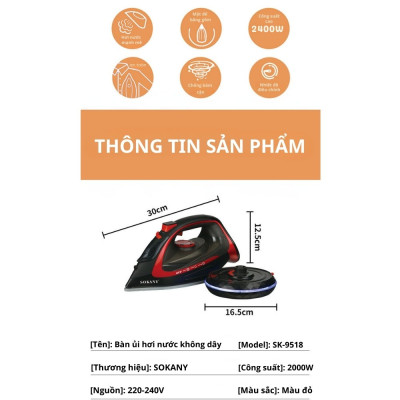 Bàn ủi hơi nước cầm tay không dây cao cấp SoKANY SK-9518 thiết kế đặc biệt chống nhỏ giọt, ủi phẳng mọi loại vải - HÀNG CHÍNH HÃNG