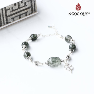 Vòng tay hạt hình lu thống đá thạch anh tóc phối charm bạc cỏ 4 lá - Ngọc Quý Gemstones