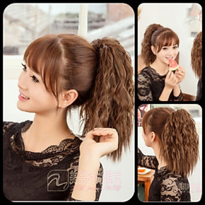 Tóc giả nữ cột buộcđuôi gà kiểu xoăn dài 30 cm, tóc tơ nhân tạo cao cấp, màu nâu sáng 