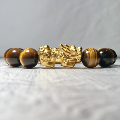 Vòng tay Thạch Anh Mắt Hổ vàng nâu 14mm mix tỳ hưu