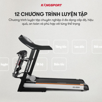 Máy chạy bộ KINGSPORT KS-2059 New nâng dốc tự động 18%, tốc độ tối đa 18km/h, kèm đai massage và thanh gập bụng, cân nặng phù hợp từ dưới 80-85kg