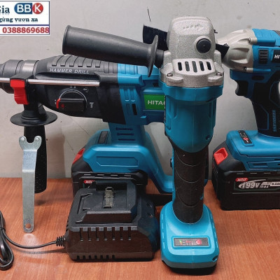 Bộ Combo 3 Trong 1 Gồm Máy Khoan Đục Bê Tông, Máy Mài Và Máy Siết Bulong Dùng Pin 199V 15 Cell, Lõi Đồng 100%, Động Cơ Không Chổi Than - Bảo Hành 1 Năm