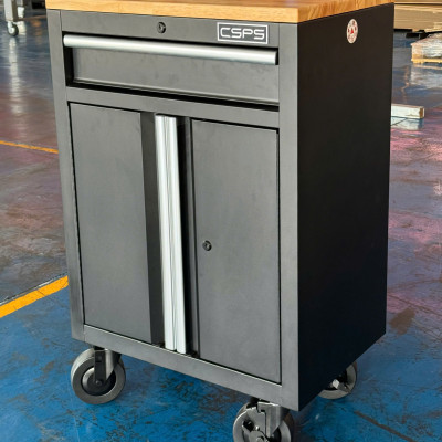 Tủ dụng cụ CSPS 61cm - 01 hộc kéo màu đen bánh xe ván gỗ (tay cầm trắng)