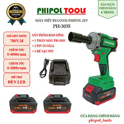 Combo Máy siết bu lông 780N.M 21V động cơ không chổi than PHIPOL TOOLS PH3035 Kèm 2 pin và sạc - Hàng Chính Hãng