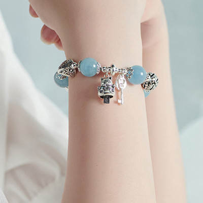 Vòng tay đá aquamarine phối charm mèo bạc size hạt 12mm mệnh thủy, mộc - Ngọc Quý Gemstones
