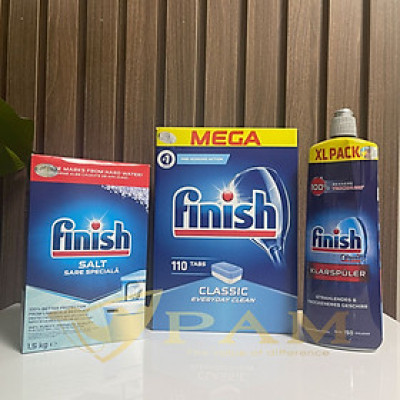 Combo Viên rửa bát Finish Classic 110 viên + Muối Finish 1.5kg + Nước làm bóng Finish 750ml