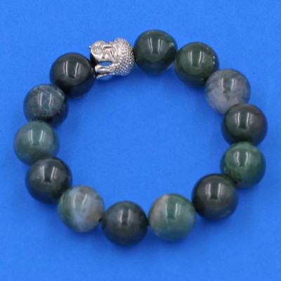 Vòng đeo tay đá Cẩm Thạch Xanh Đậm 14 ly cẩn hạt Phật A Di Đà inox bạc VCTXDNLT14