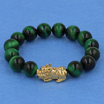 Vòng tay đá mắt hổ xanh lá 12 ly - cẩn Tỳ Hưu inox vàng VMHXLTHV12 - hợp mệnh Hỏa, mệnh Mộc
