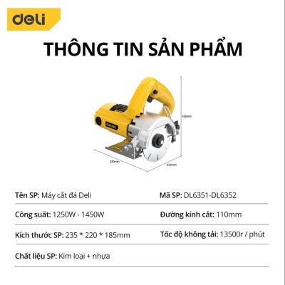 Máy Cắt Đá Deli, Công Suất Mạnh Mẽ 1250W, Động Cơ Lõi Đồng Giảm Tiếng Ồn, Sử Dụng Ổn ĐỊnh, Bền Bỉ DL6352